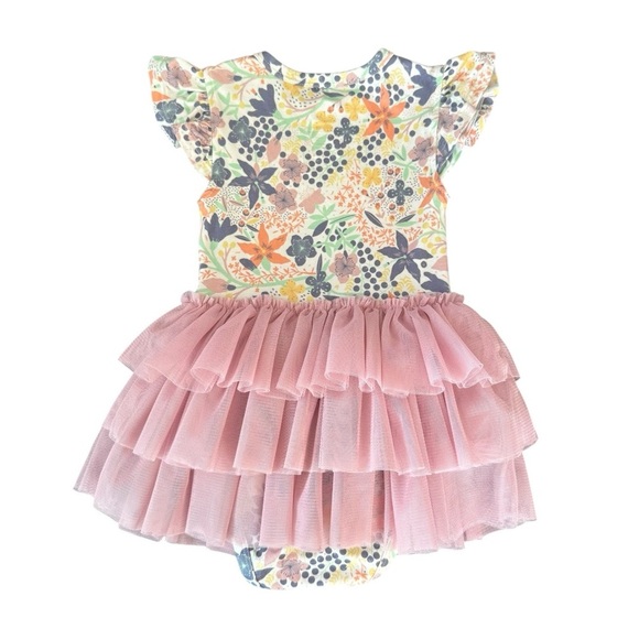 Bird & Bean Bamboo Pink Tulle Skirted Dress Bodysuit Meadow Floral Size 12-18M - Picture 3 of 6